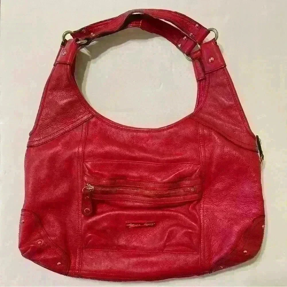 Etienne Aigner Red Genuine Leather Handbag Pockets Zip Around Boho Outdoor